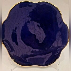 Italian Flower Shaped Cobalt Blue Gold Rimmed 11" Plates Hand Painted Set of 2
